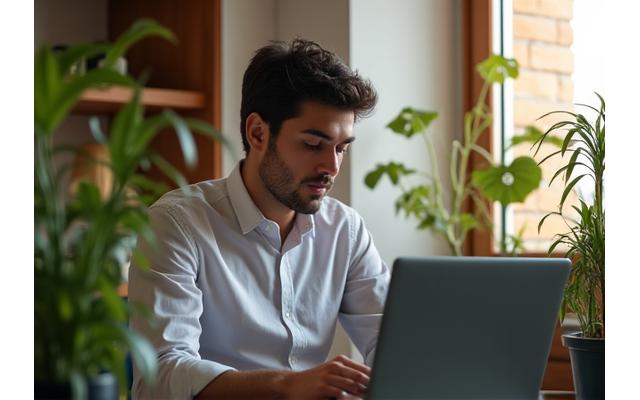Persona trabajando en casa en un computador, generando ingresos adicionales